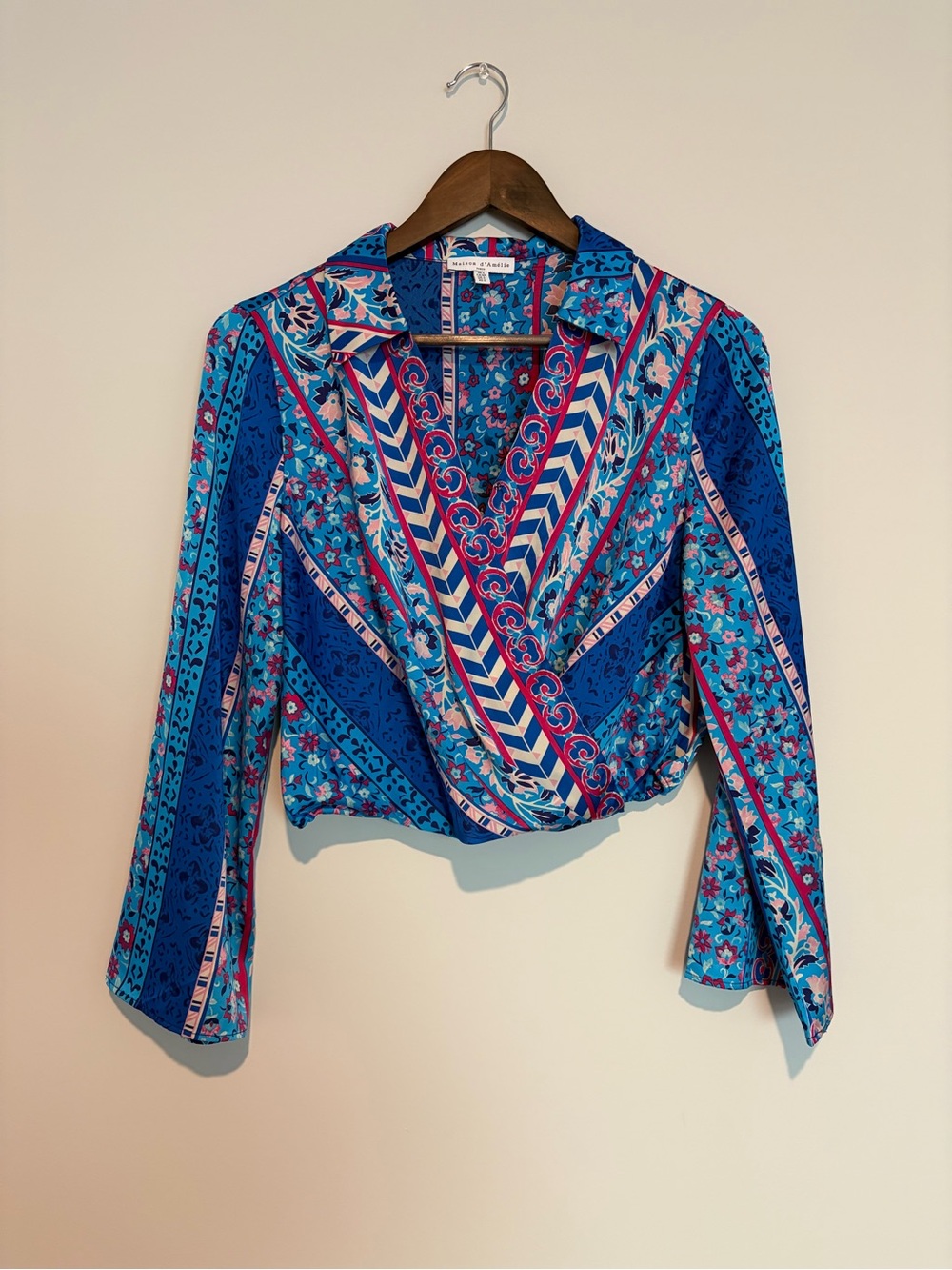 Maison d’Amélie Paris Wrap Blouse S Blue Floral Scarf Print Boho 70s